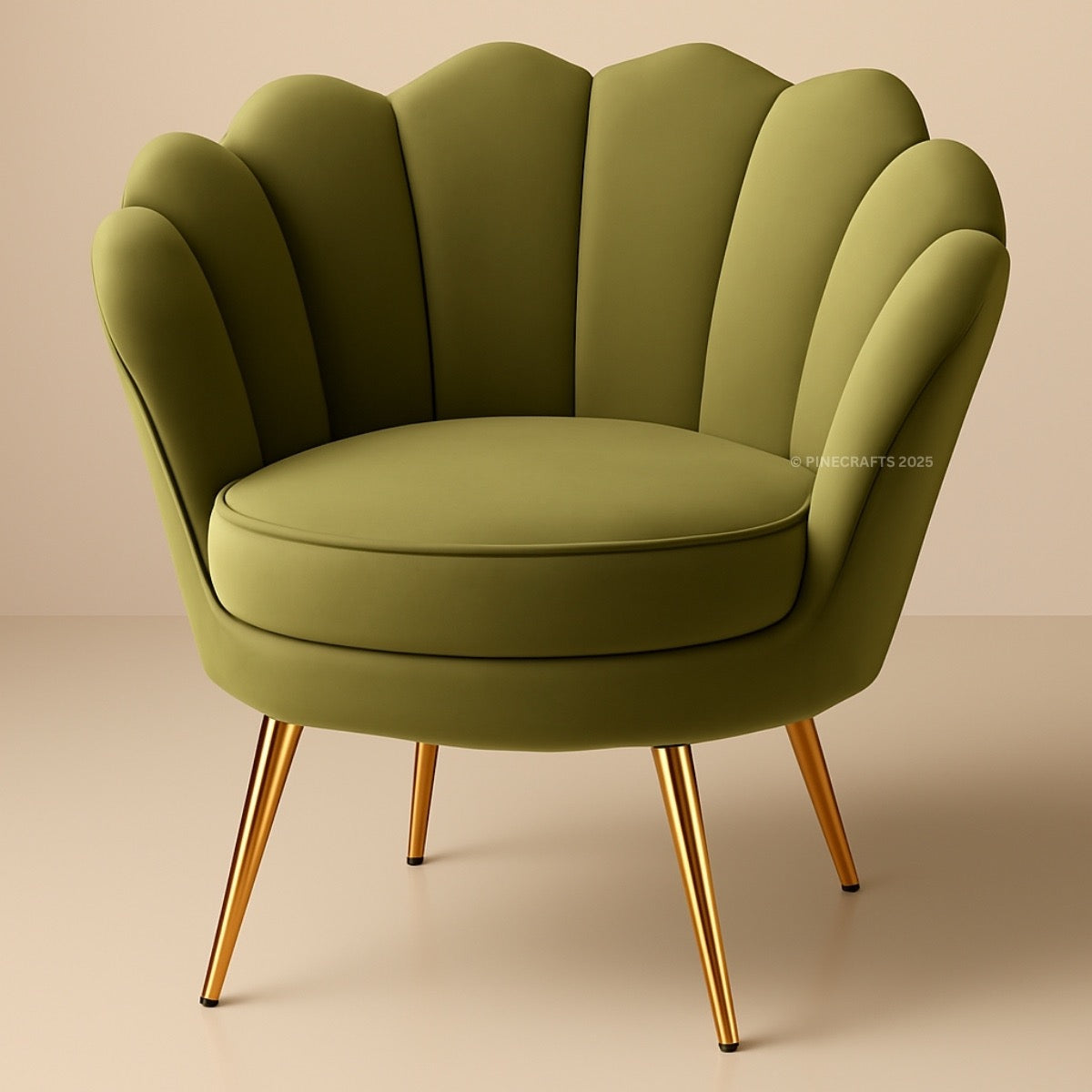 Green armchair with gold legs on a beige background