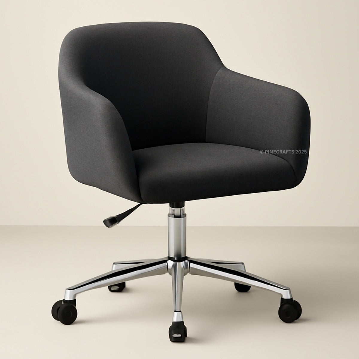 Black office chair with chrome base on a beige background