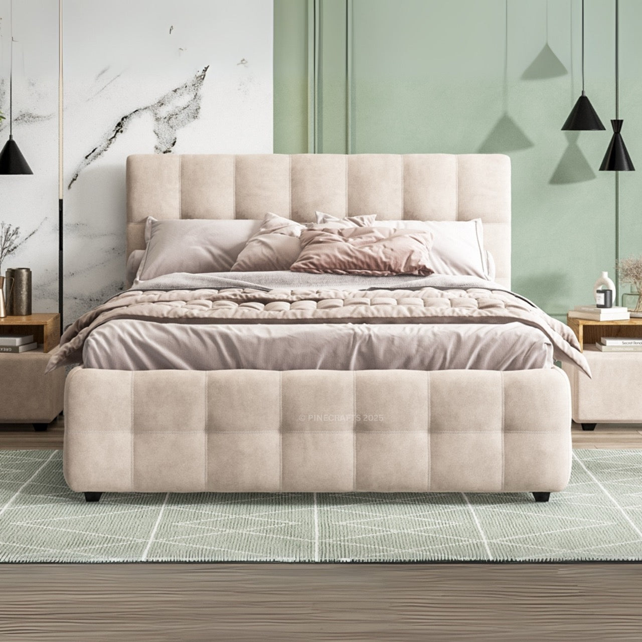 Beige upholstered bed in a modern bedroom setting with marble wall and green rug.