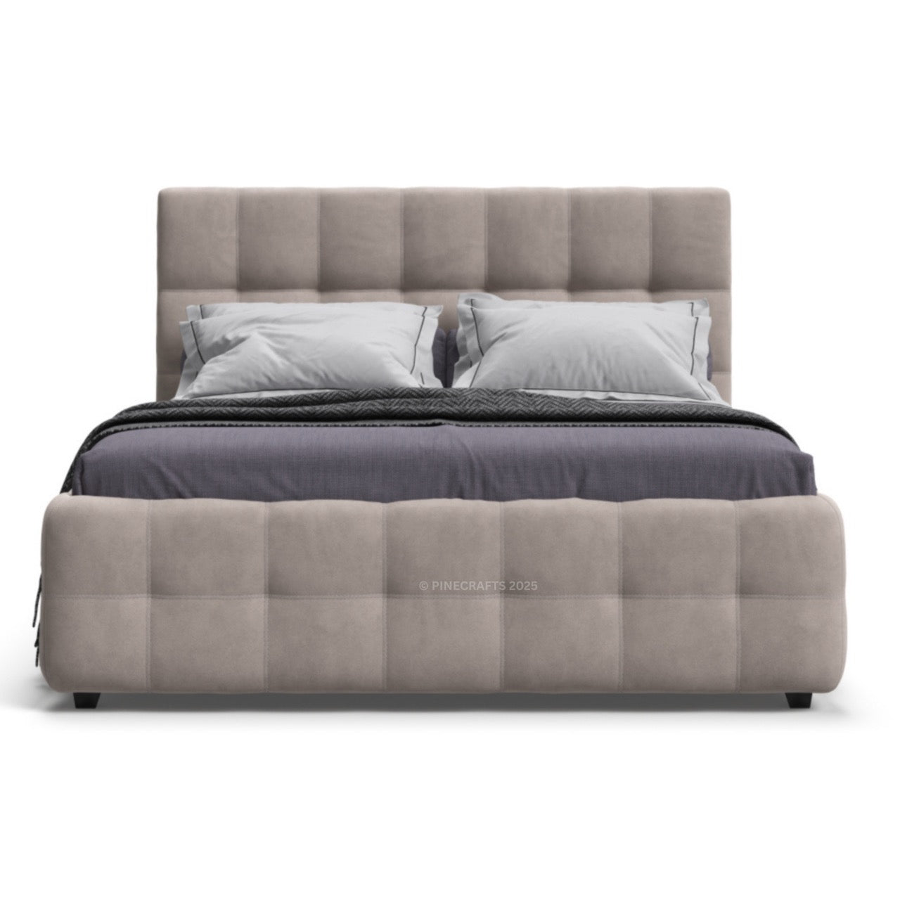 Gray upholstered bed with pillows and a blanket on a white background
