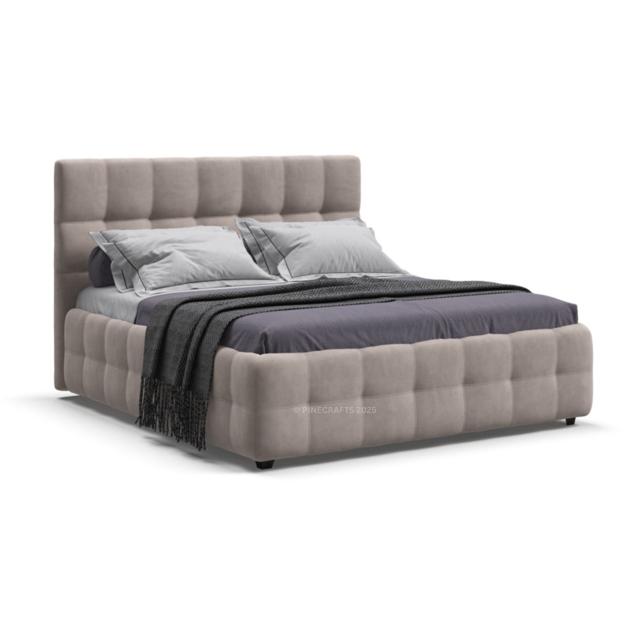 Gray upholstered bed with matching headboard on a white background