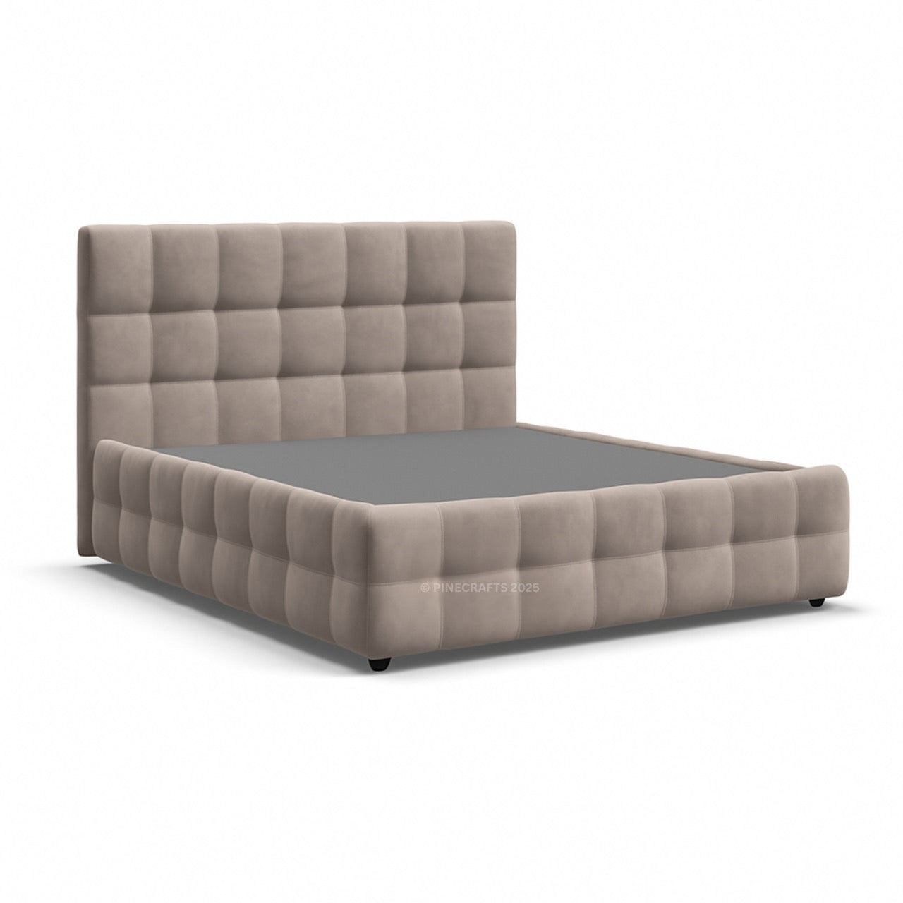 Gray upholstered bed with tufted design on a white background