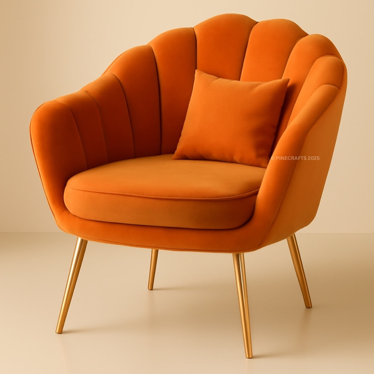 Orange armchair with scalloped backrest and gold legs on a beige background