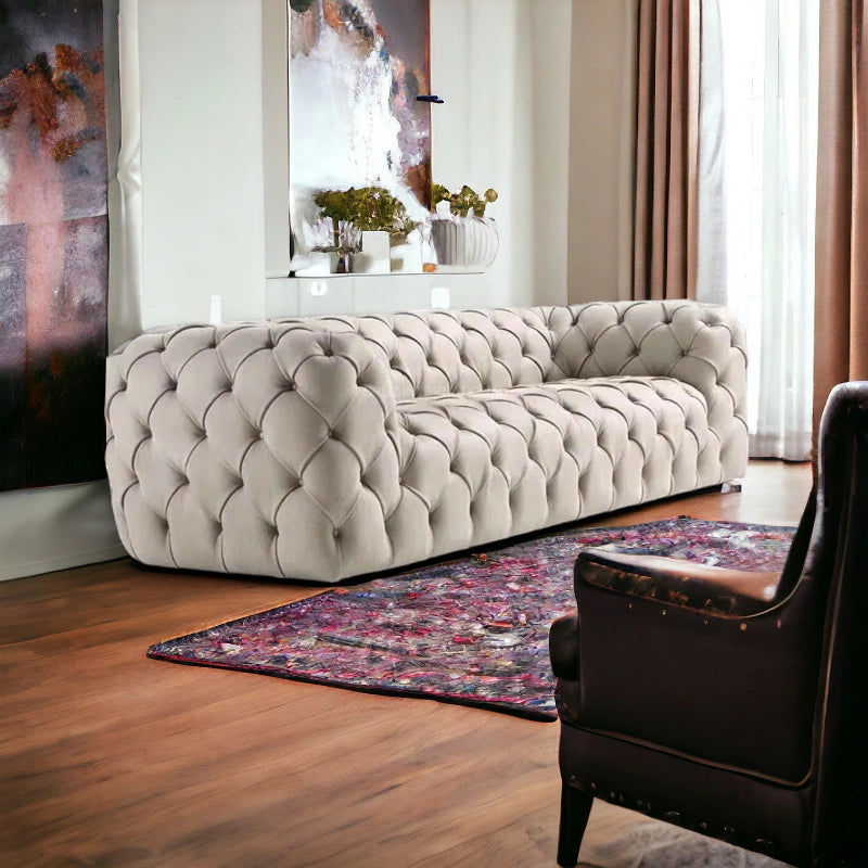 Button Tufted Design Cute Look 3 Seater Fabric Sofa