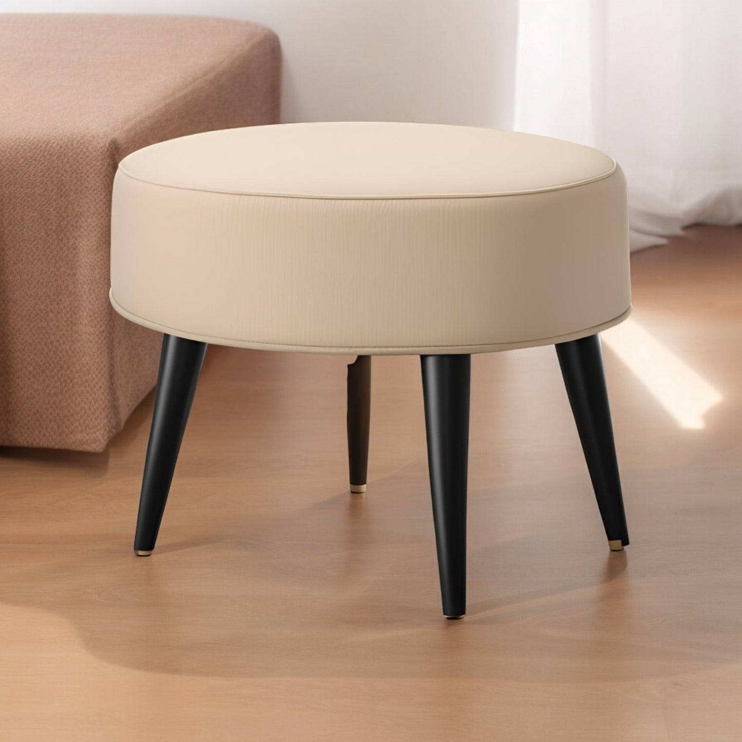 PineCrafts Circle Puffy Ottoman (Beige+Black)