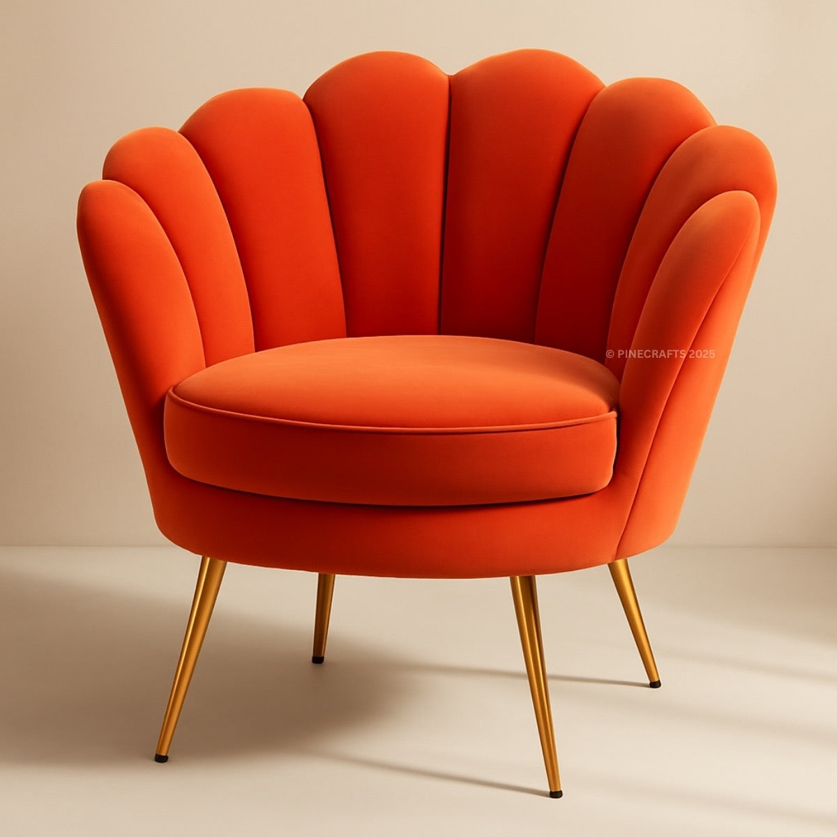 Orange shell-shaped chair with gold legs on a beige background