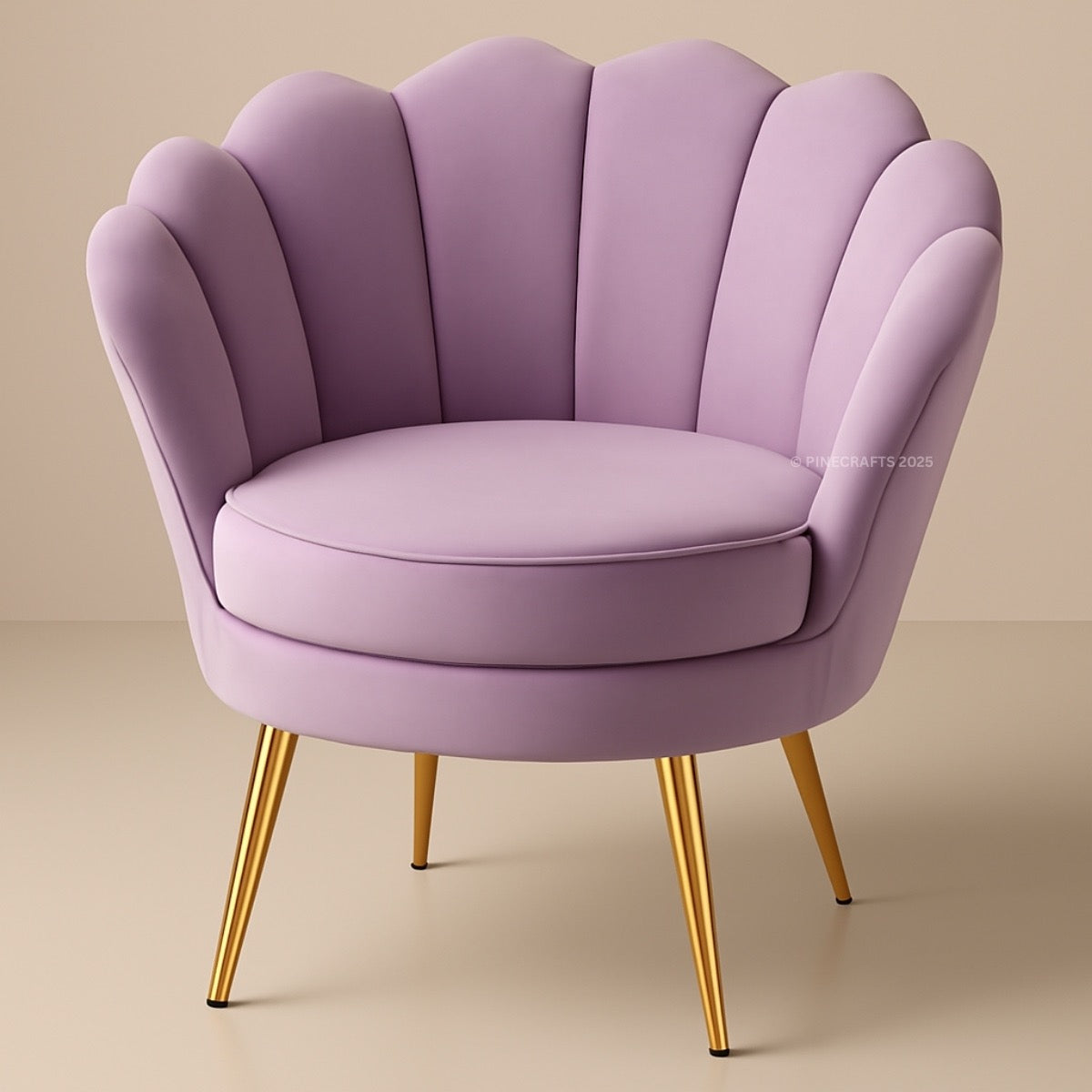 Purple armchair with gold legs on a beige background