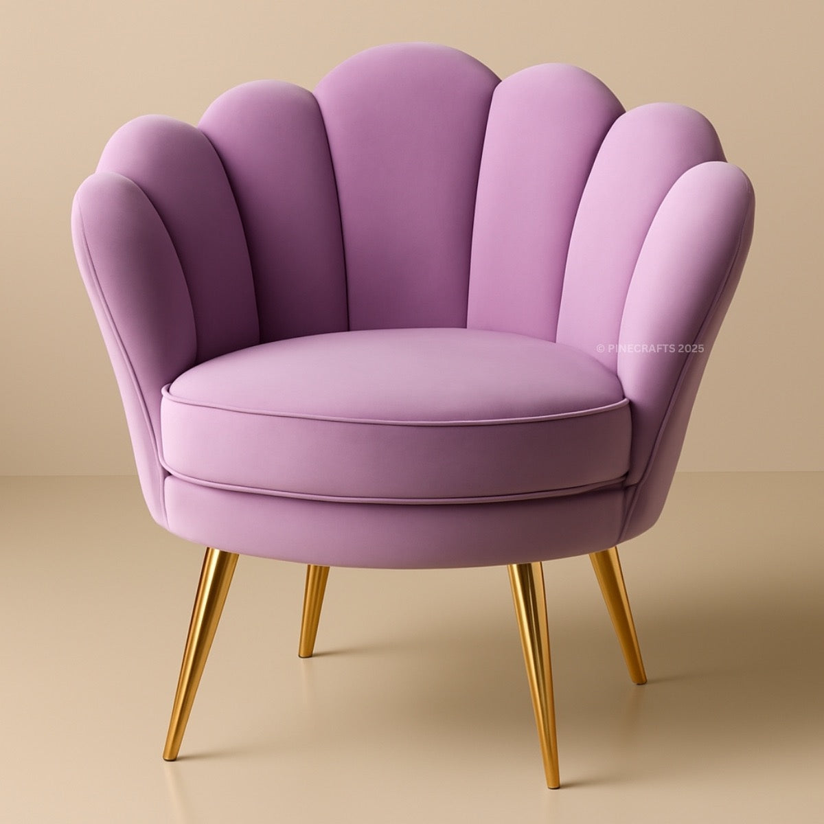 Purple armchair with gold legs on a beige background