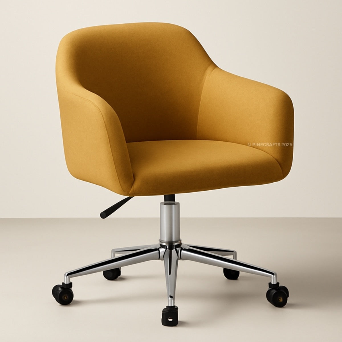 Yellow office chair with a chrome base on a beige background