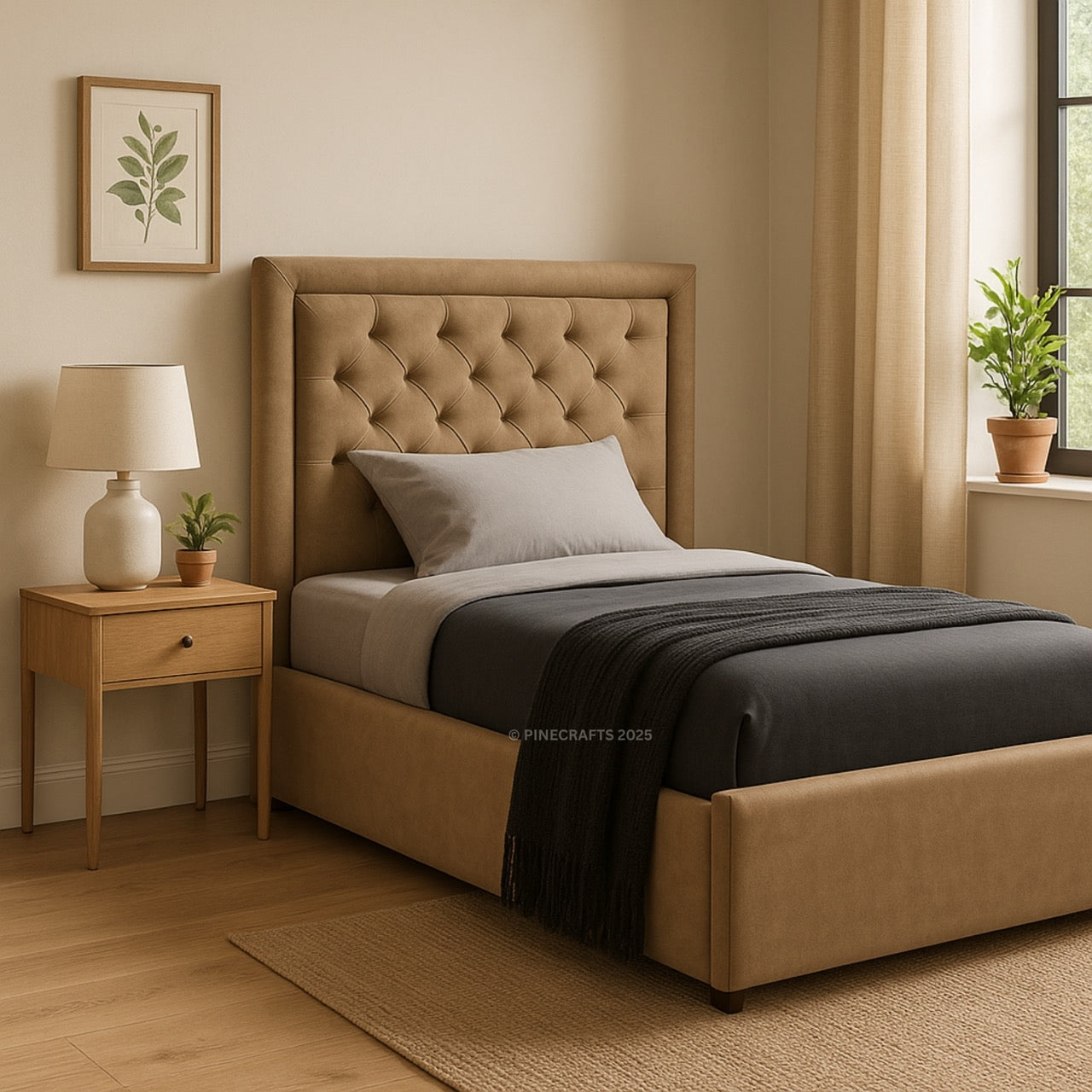 Beige upholstered bed with tufted headboard in a bedroom setting.