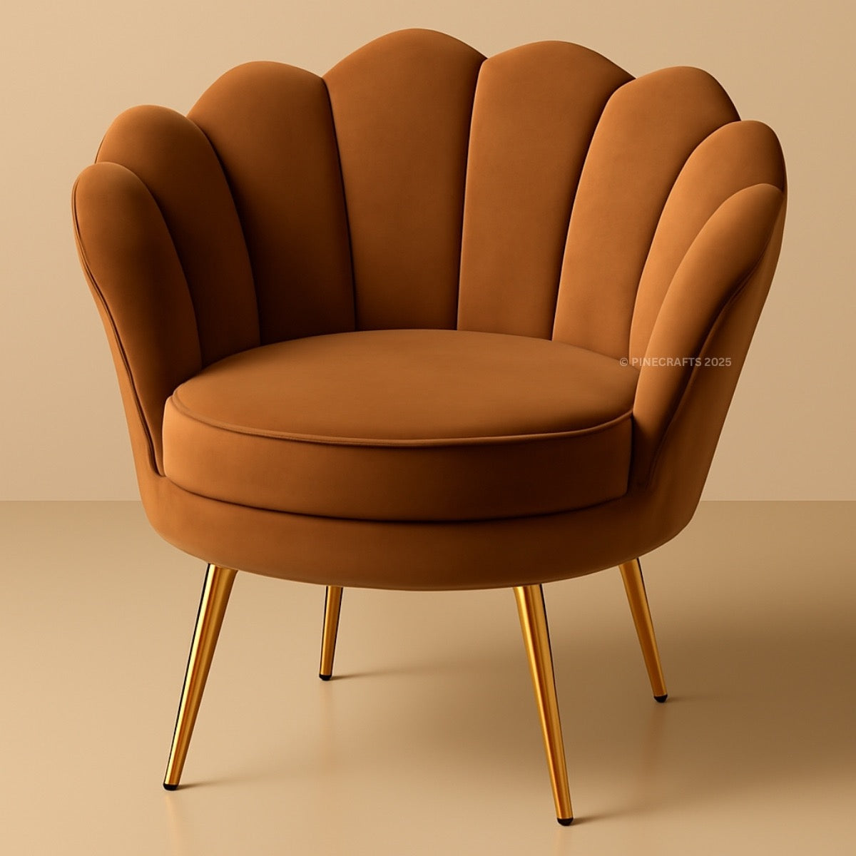 Brown armchair with scalloped backrest on a beige background