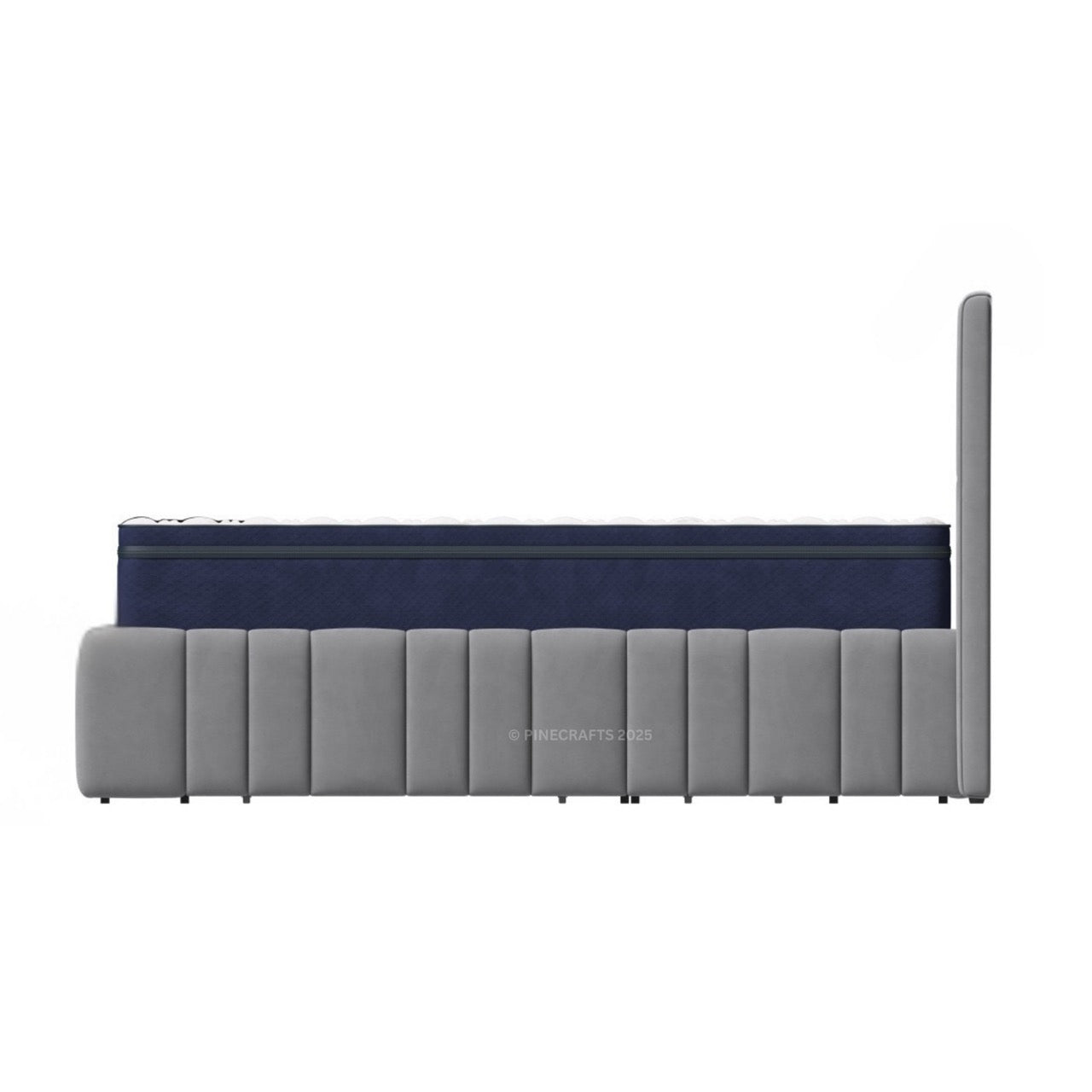 Gray upholstered bed frame with a navy mattress on a white background