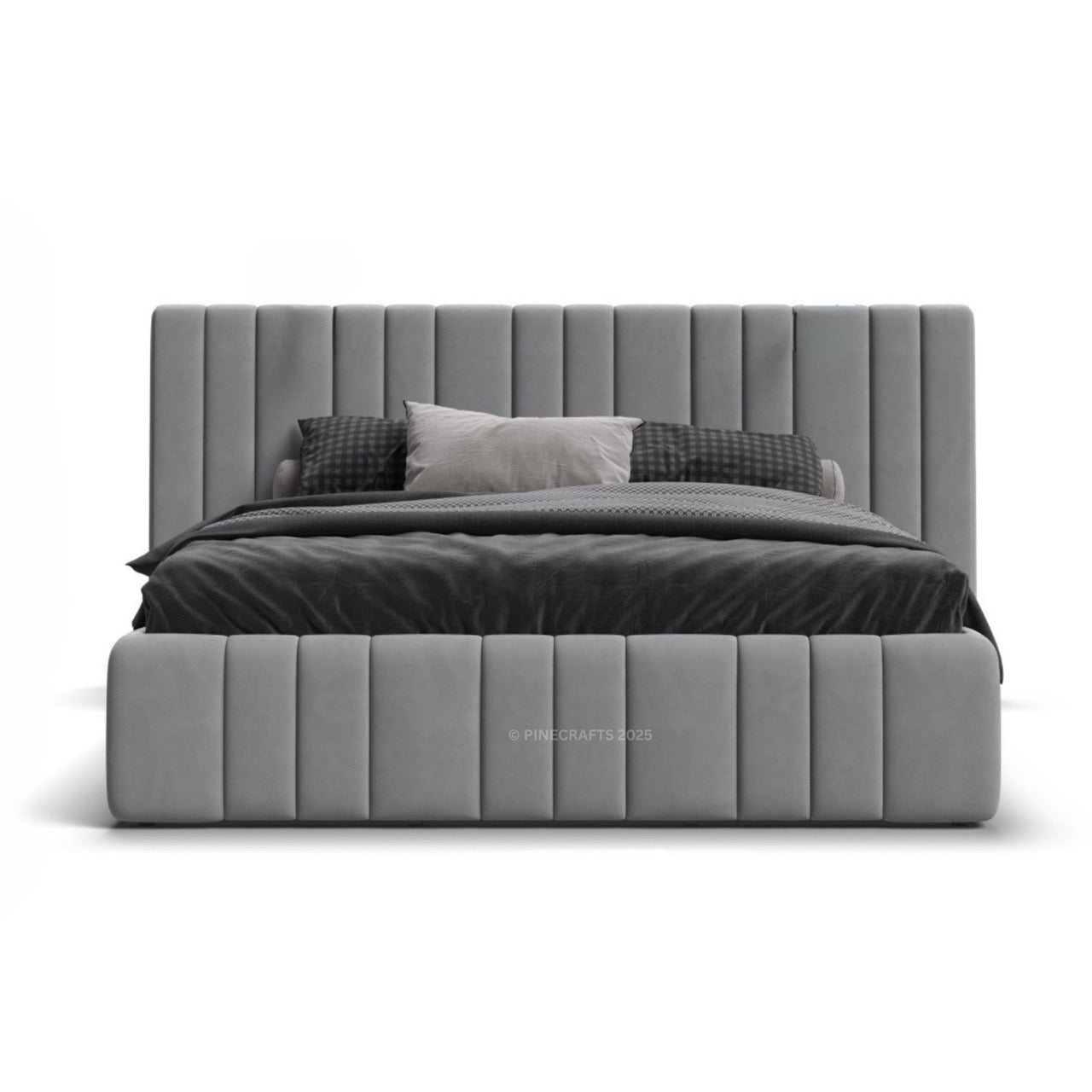Gray upholstered bed with tufted design on a white background