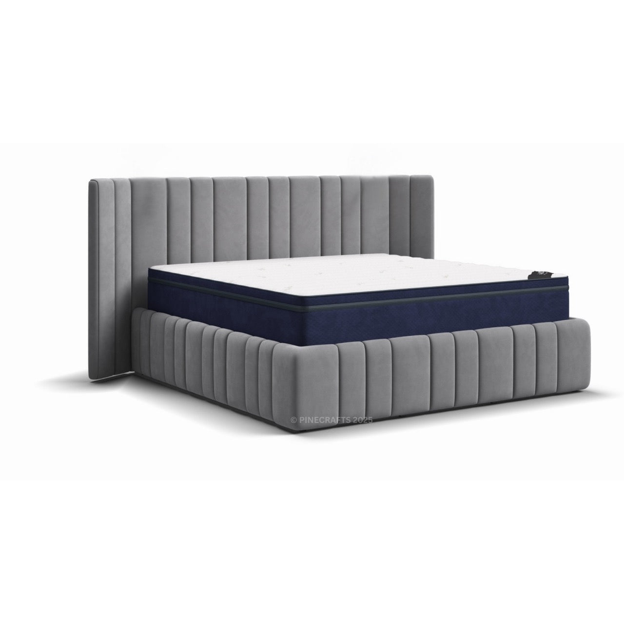 Gray upholstered bed with a blue mattress on a white background