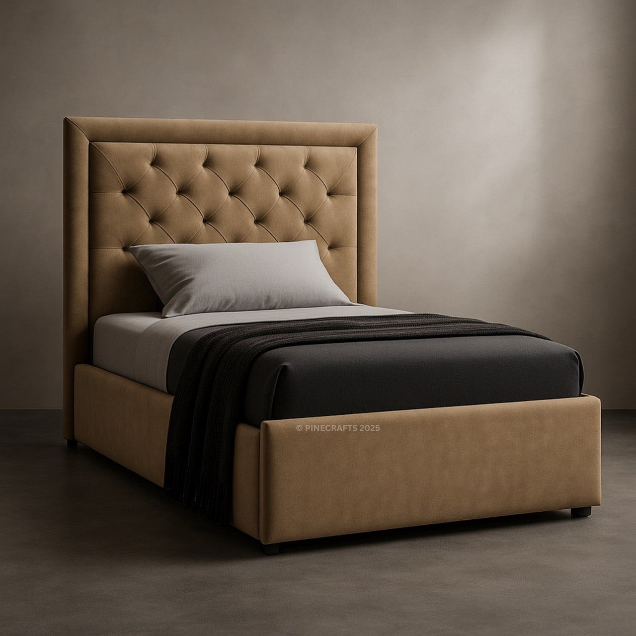 Beige upholstered bed with tufted headboard against a brown background