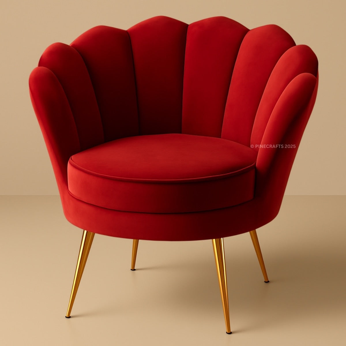 Red velvet armchair with gold legs on a beige background