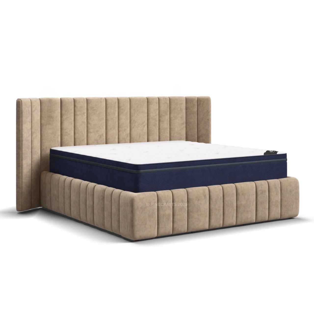 Beige upholstered bed with a blue mattress on a white background