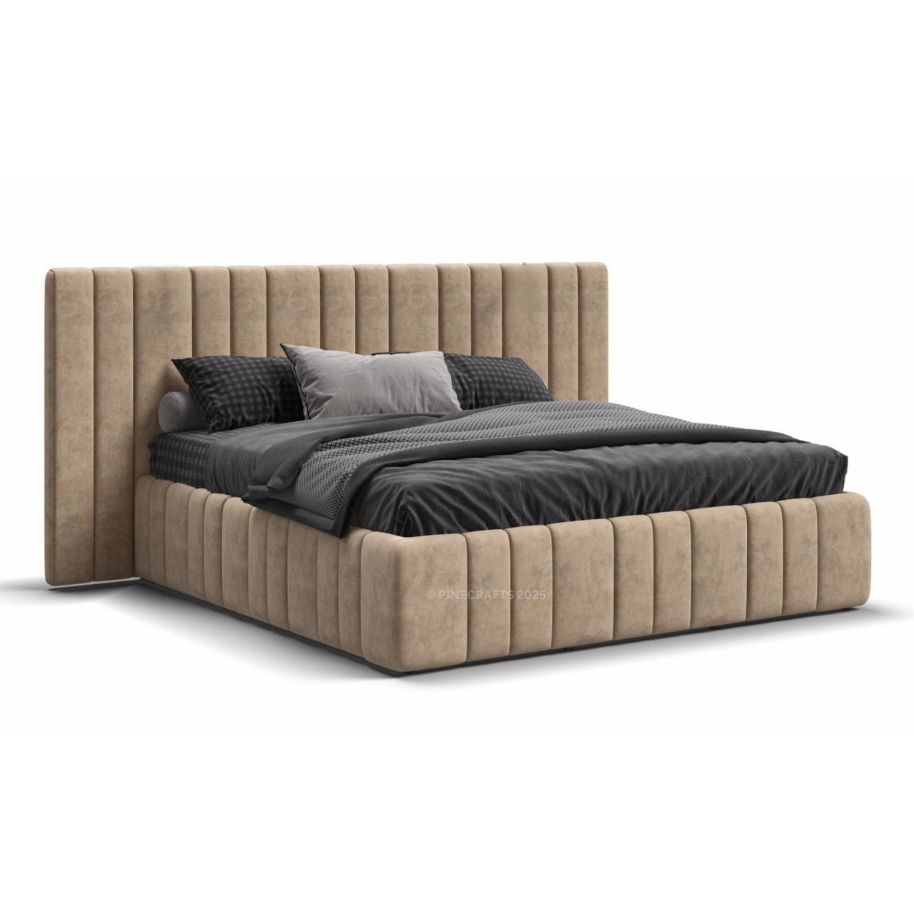 Beige upholstered bed with dark bedding on a white background