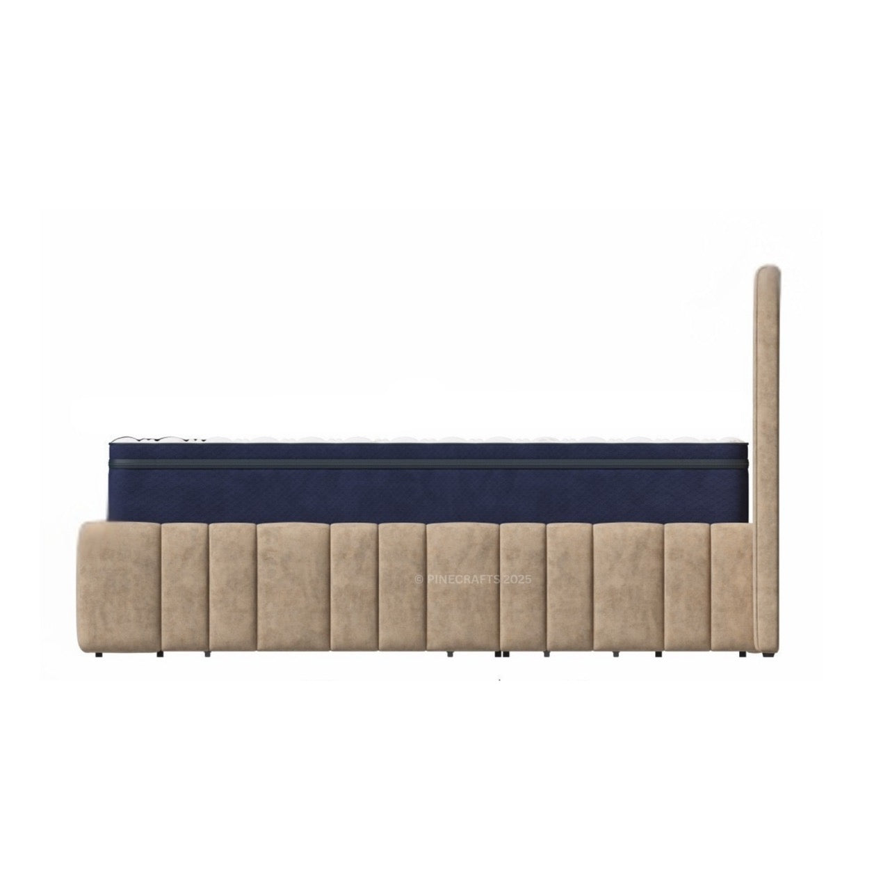 Beige bed frame with a blue mattress on a white background