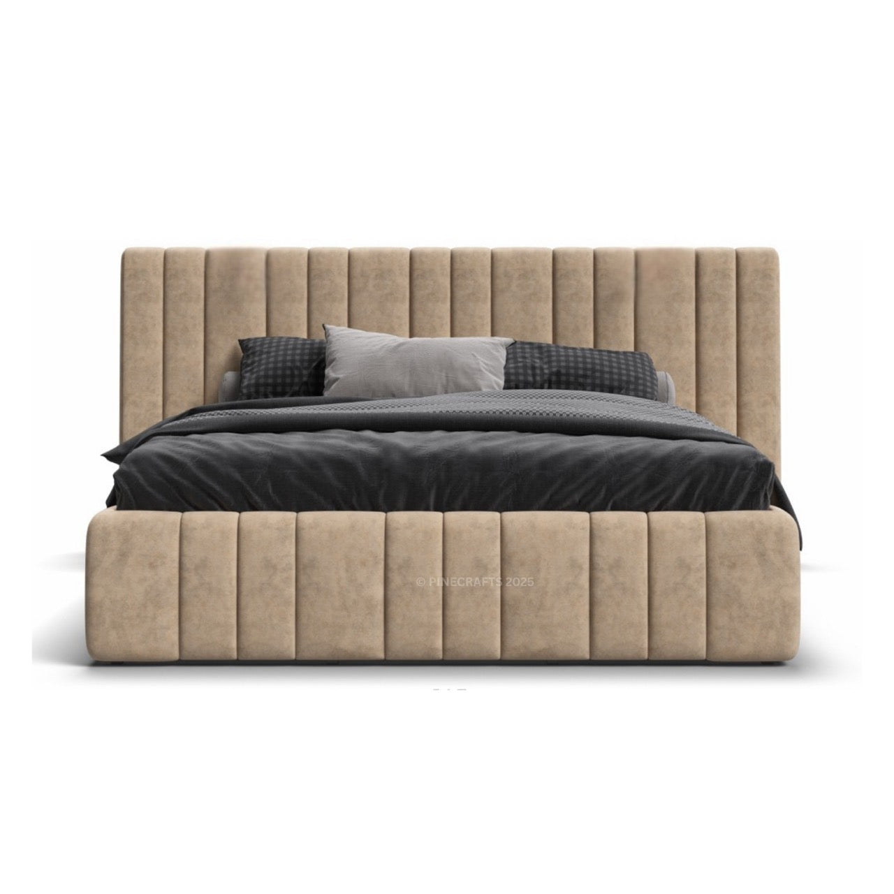 Beige upholstered bed with dark bedding on a white background