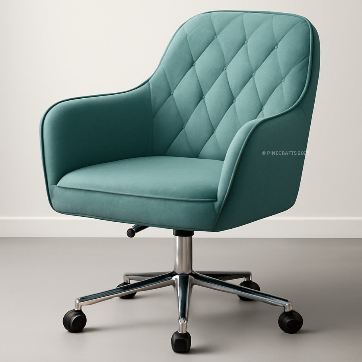 Teal office chair with quilted design on a light background