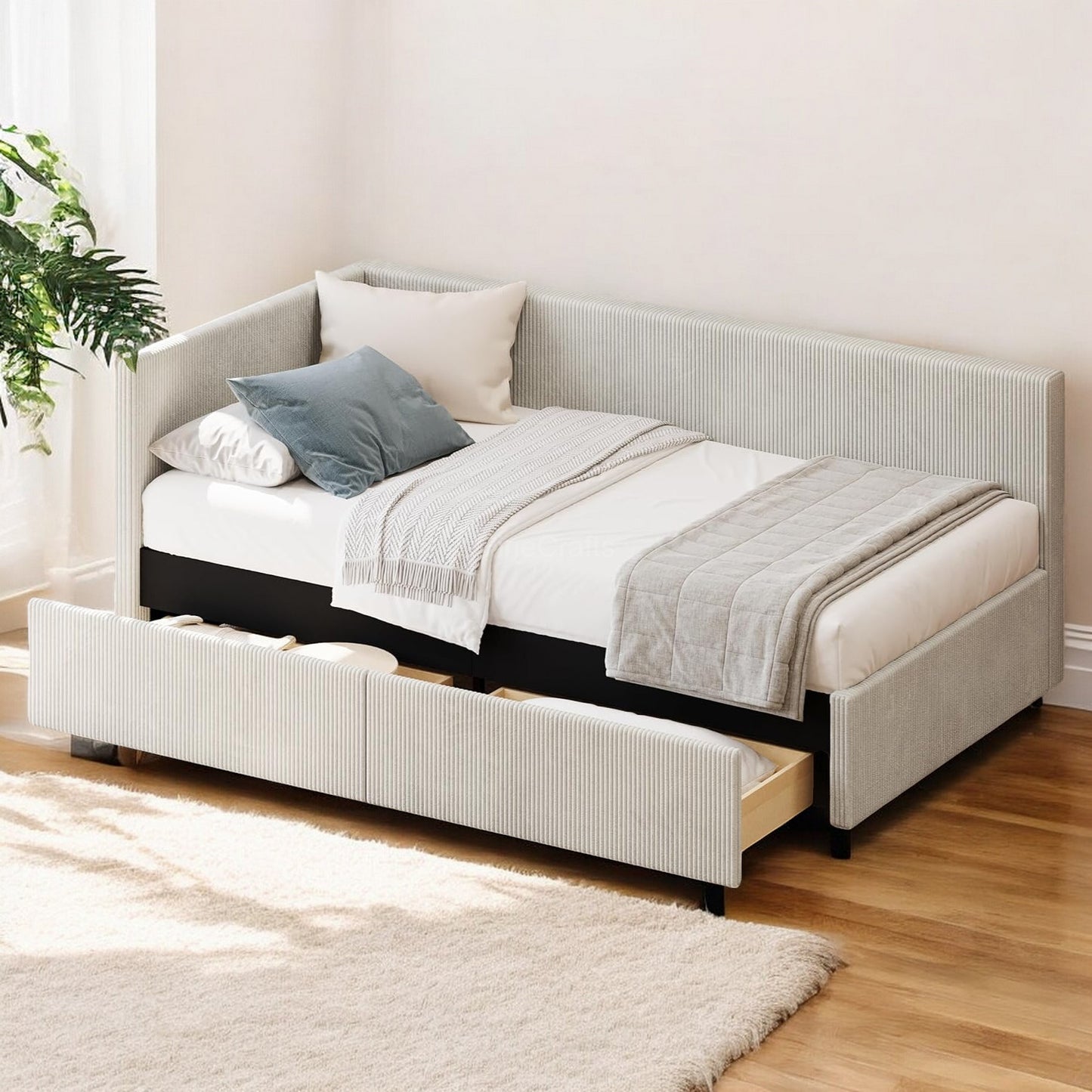 Elegant Single Fabric Diwan Bed with Storage