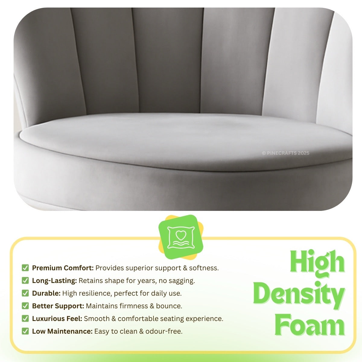 Gray chair with high-density foam features and benefits displayed below.
