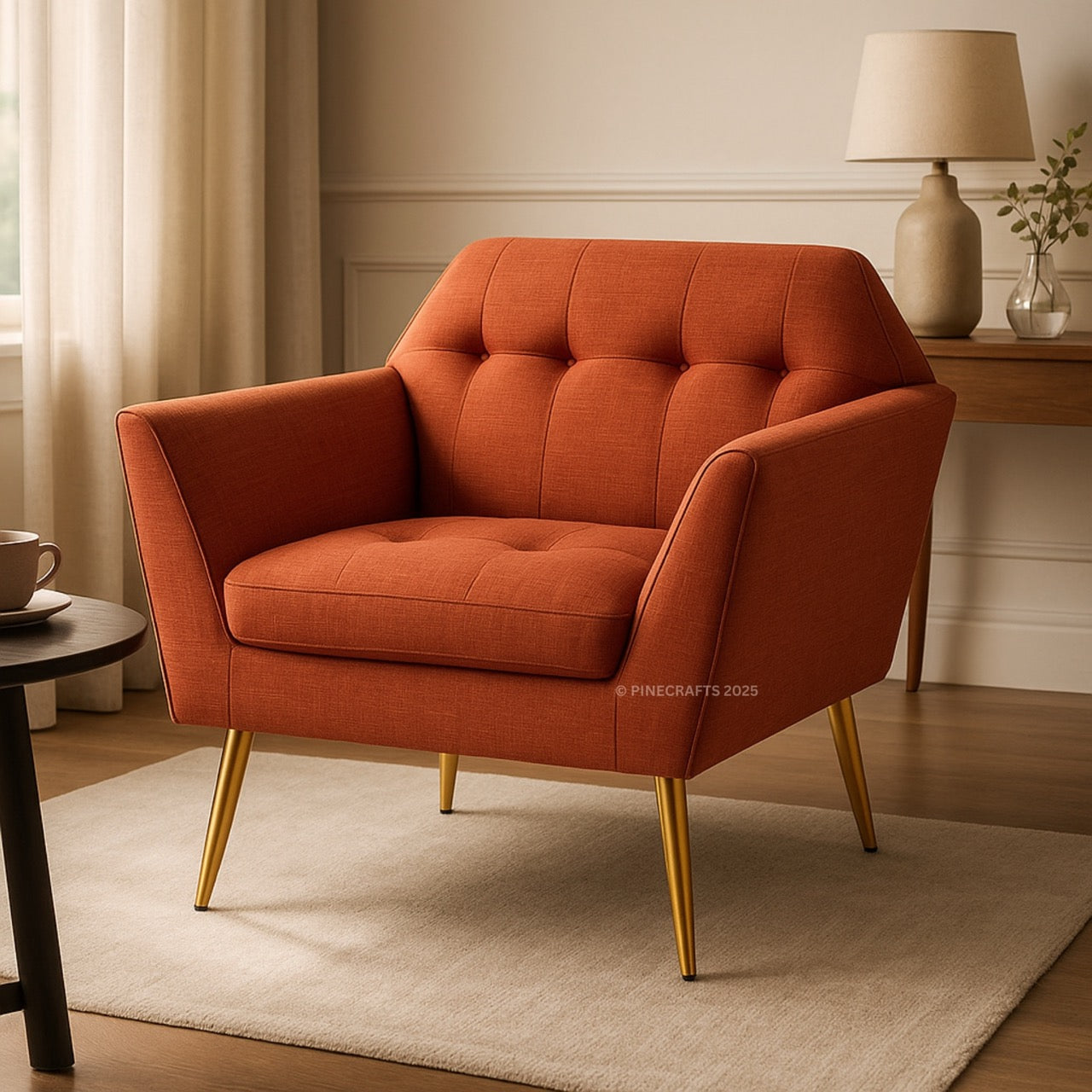 Orange armchair with gold legs in a room setting with a lamp and table.