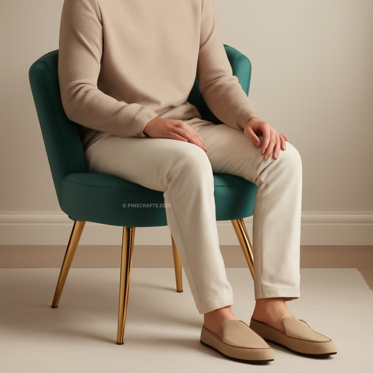Person sitting on a teal chair wearing beige shoes, pants, and sweater.