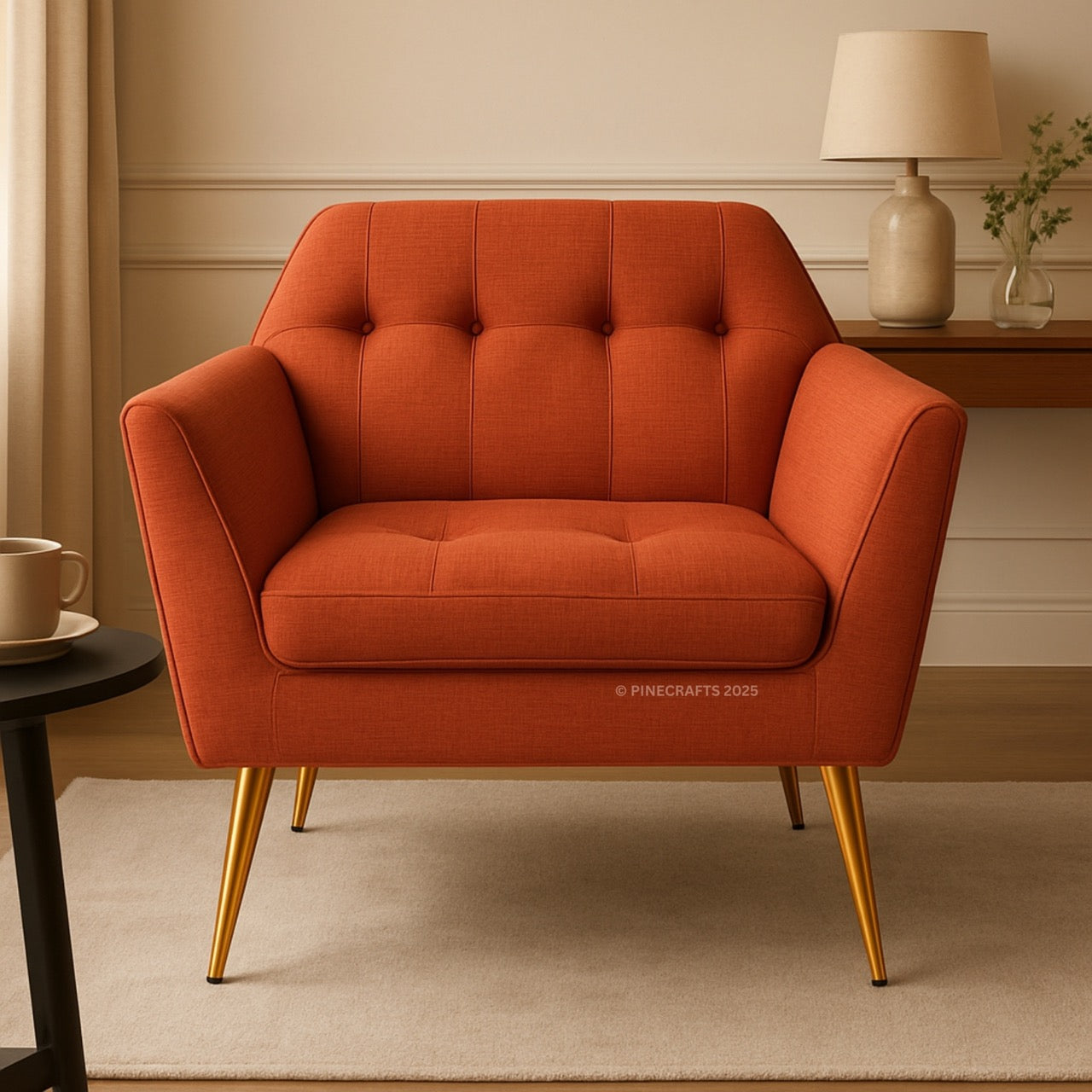 Orange armchair with gold legs in a room setting