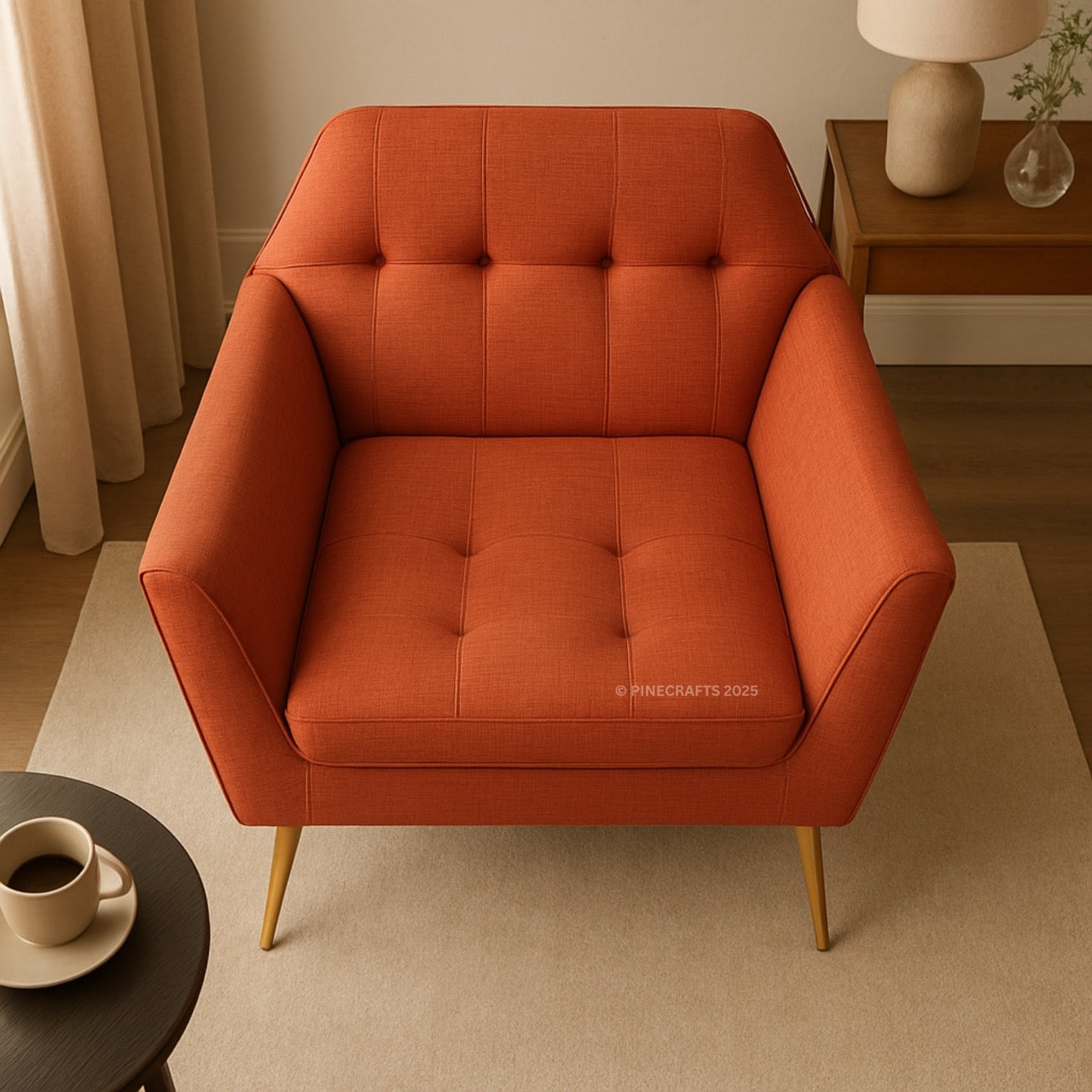 Orange armchair in a room with a side table and lamp.