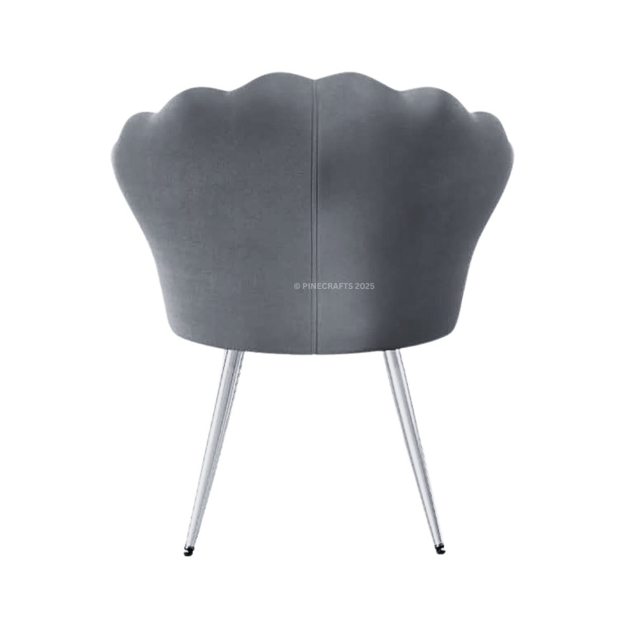 Gray shell-shaped chair with metallic legs on a white background