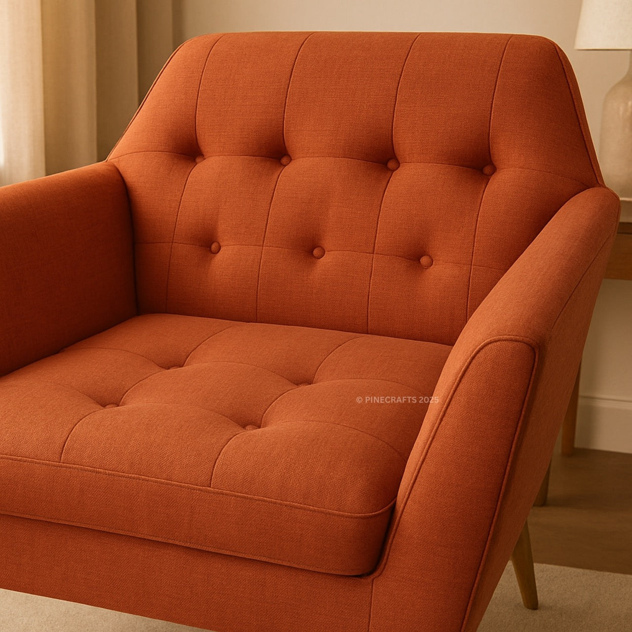Orange upholstered chair in a room setting