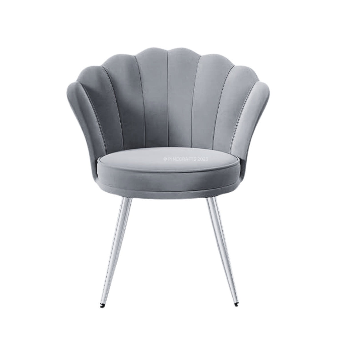Gray shell-shaped chair with metal legs on a white background