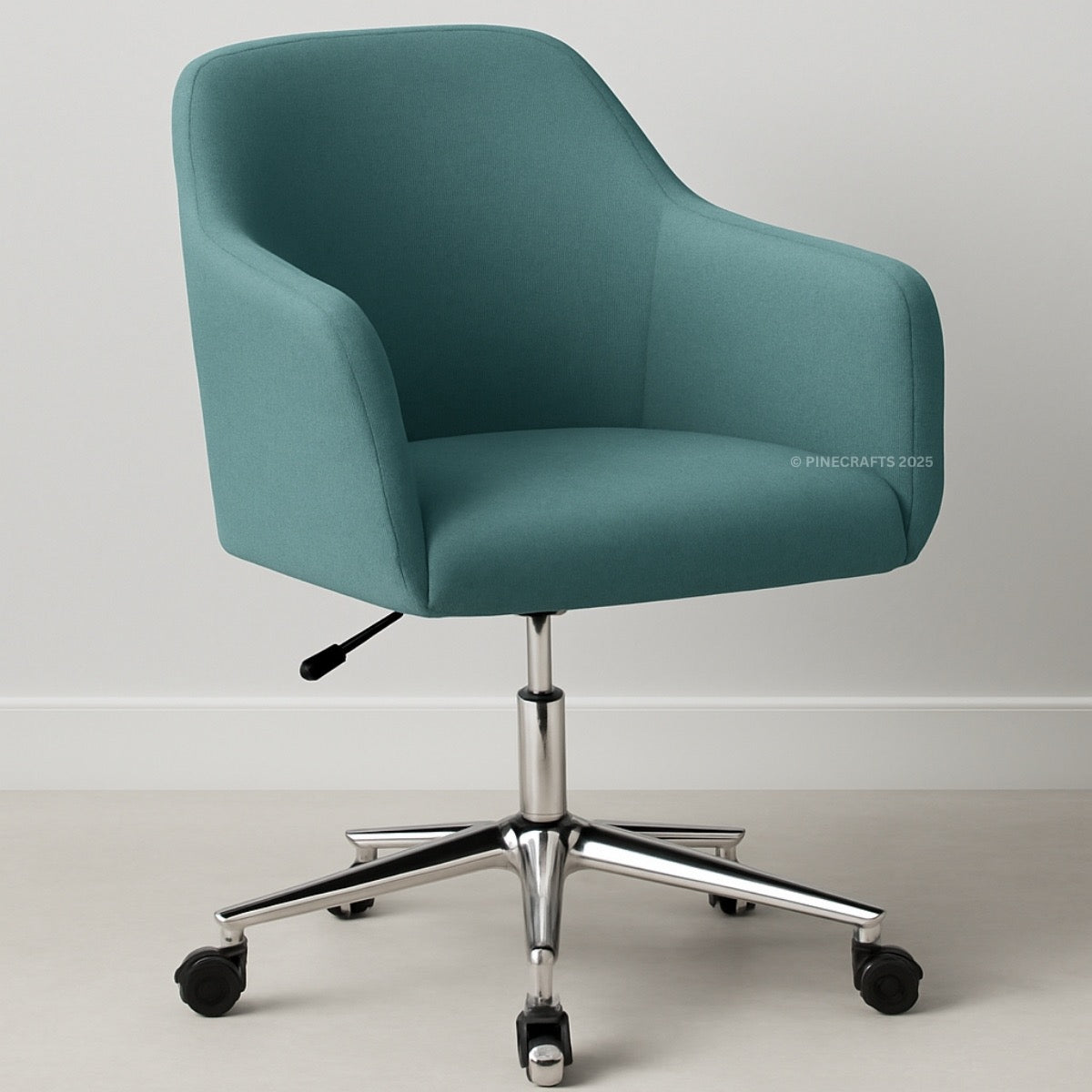 Teal office chair with chrome base on a light gray background