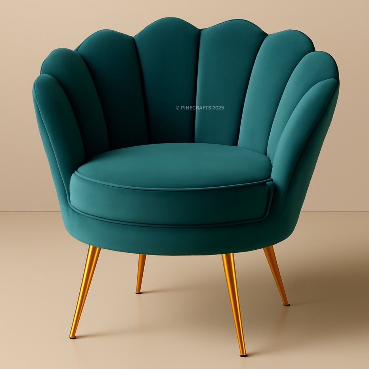 Teal armchair with gold legs on a beige background