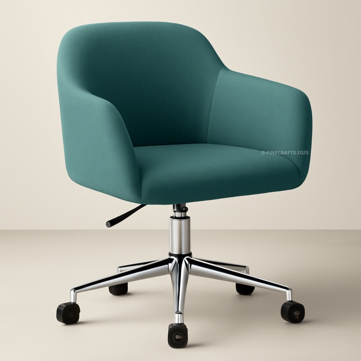 Teal office chair with a chrome base on a beige background