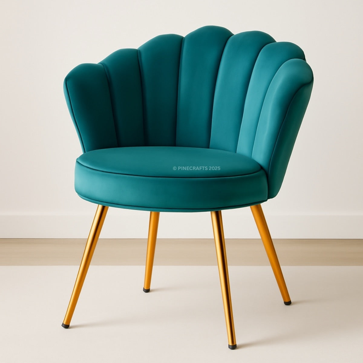 Teal chair with gold legs on a white background
