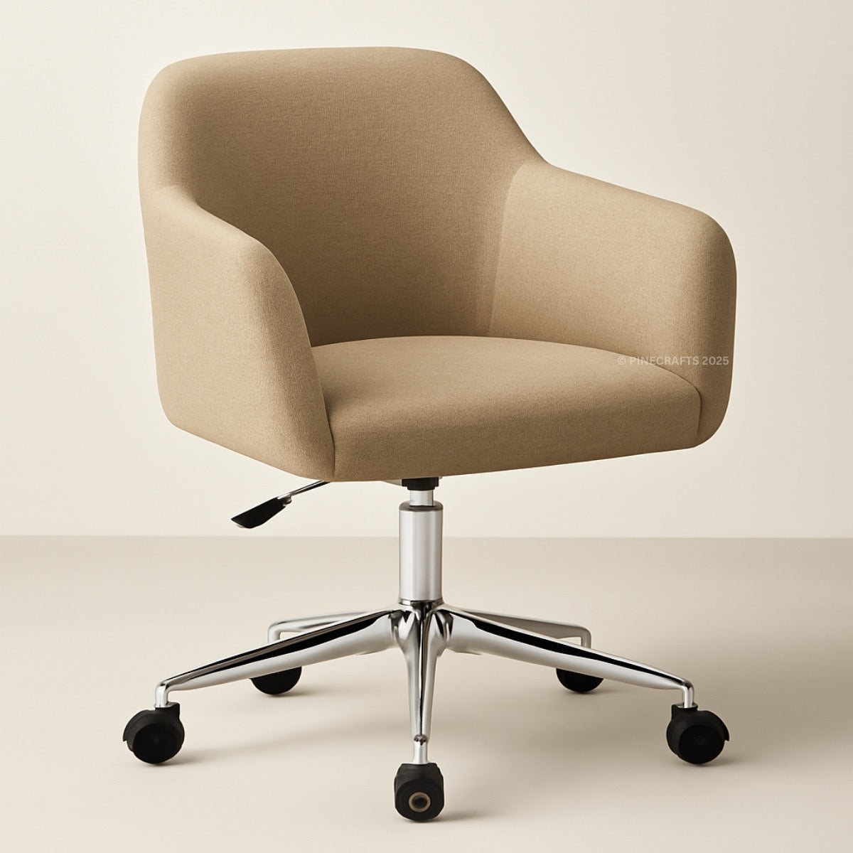 Beige office chair with a chrome base on a beige background