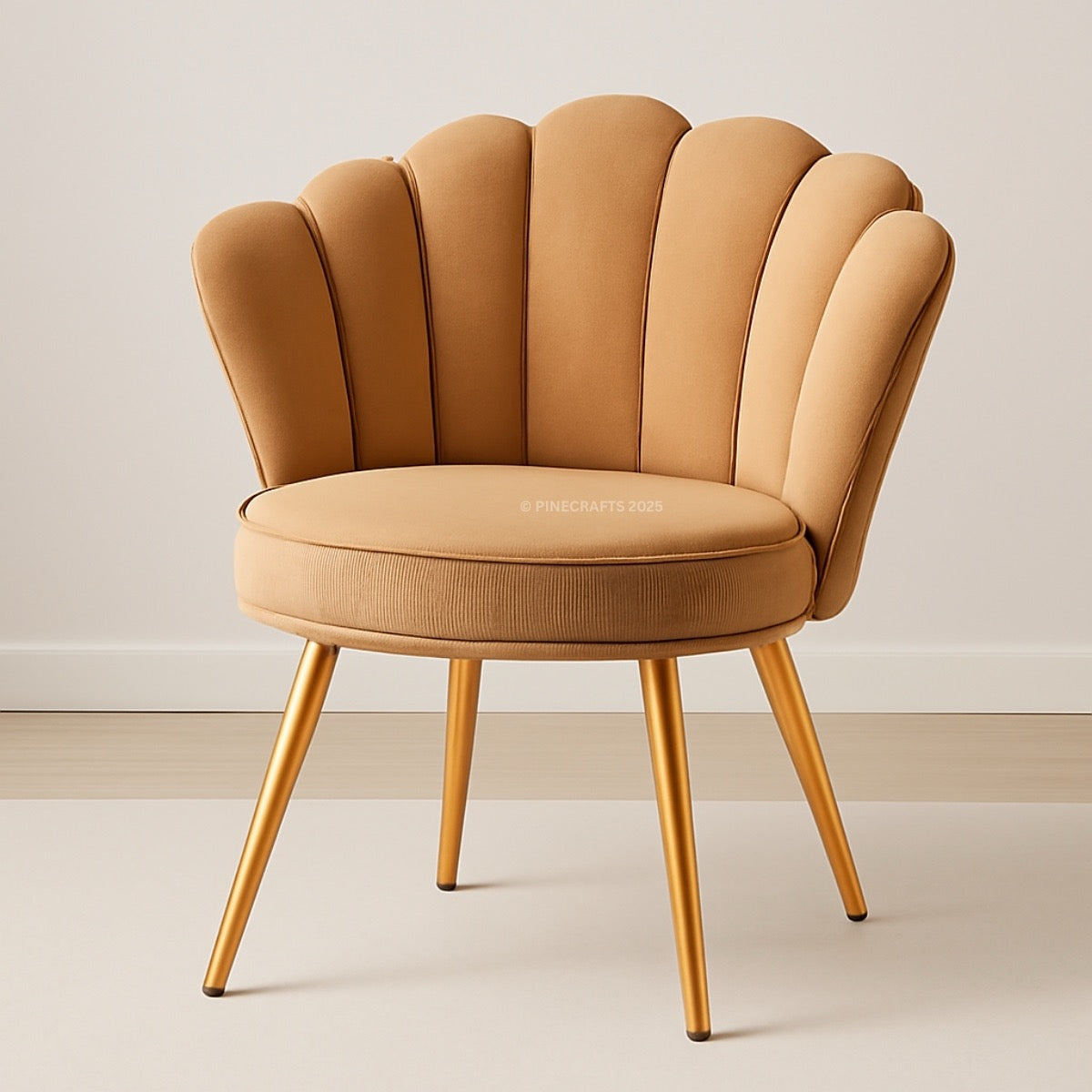 Brown chair with scalloped backrest on a plain background