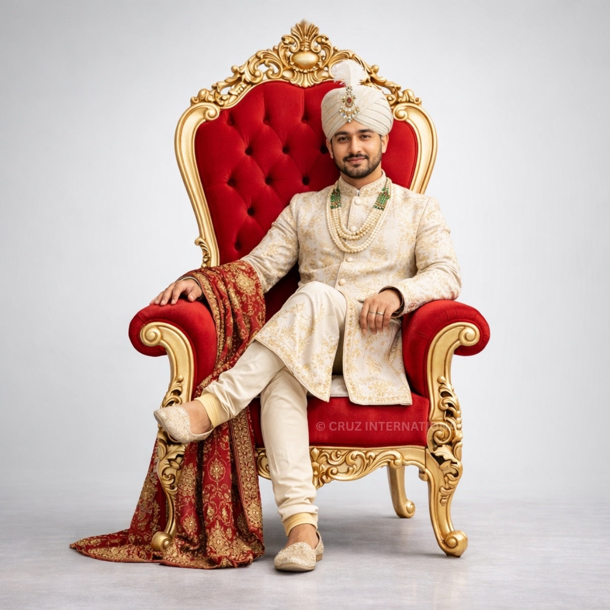 Royal Maharaja Teakwood Throne Chair – Premium Velvet Upholstery with Golden Polish Finish