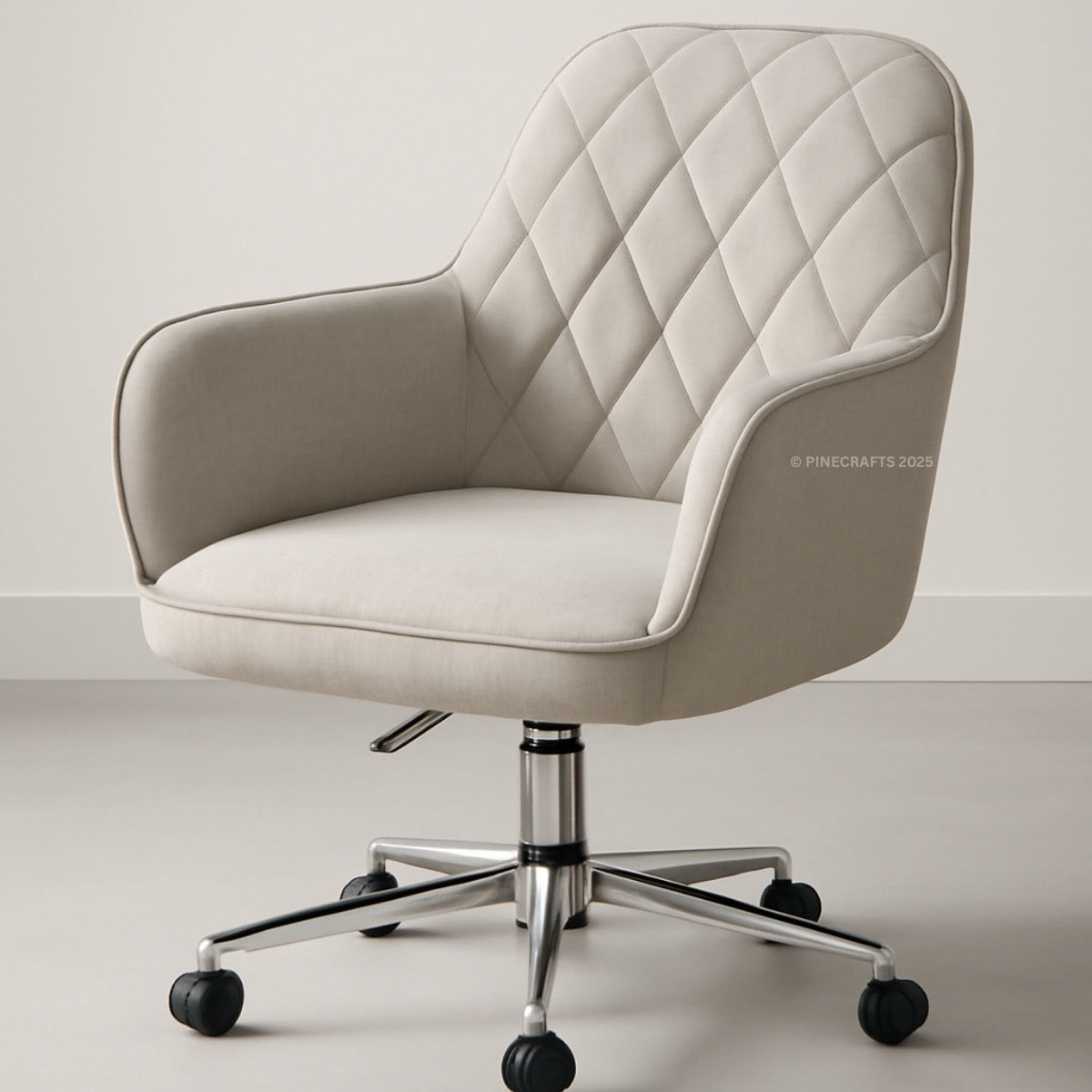 Beige quilted office chair with chrome base on a light background