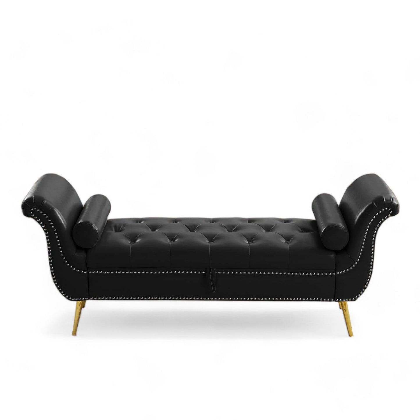 A black velvet button tufted 3-seater sofa with gold legs, placed in a living room setting with a grey throw blanket and a decorative plant in the background.