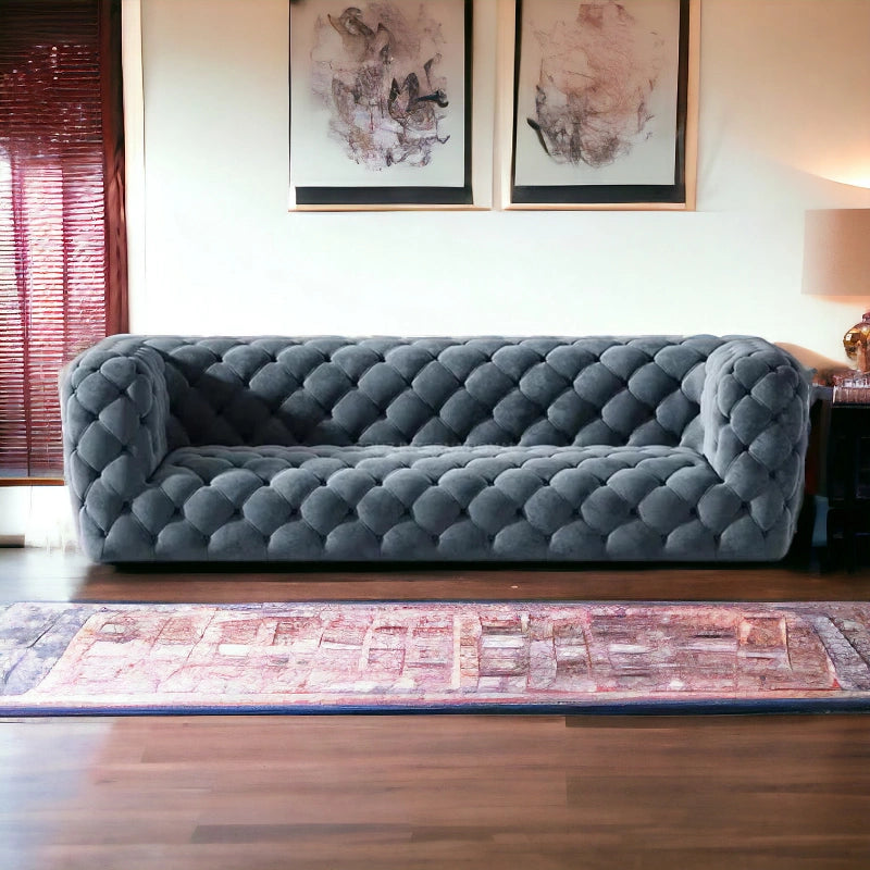 Button Tufted Design Cute Look 3 Seater Fabric Sofa