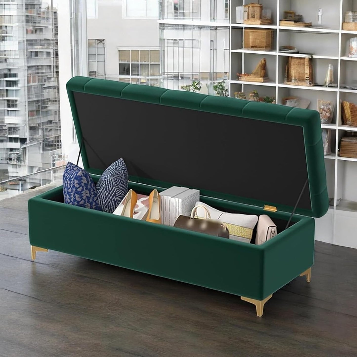 PineCrafts Upholstered Ottoman Bench | Settee with Wooden Legs | Modern Furniture for Home, Office, and Entryway (Sky Blue)