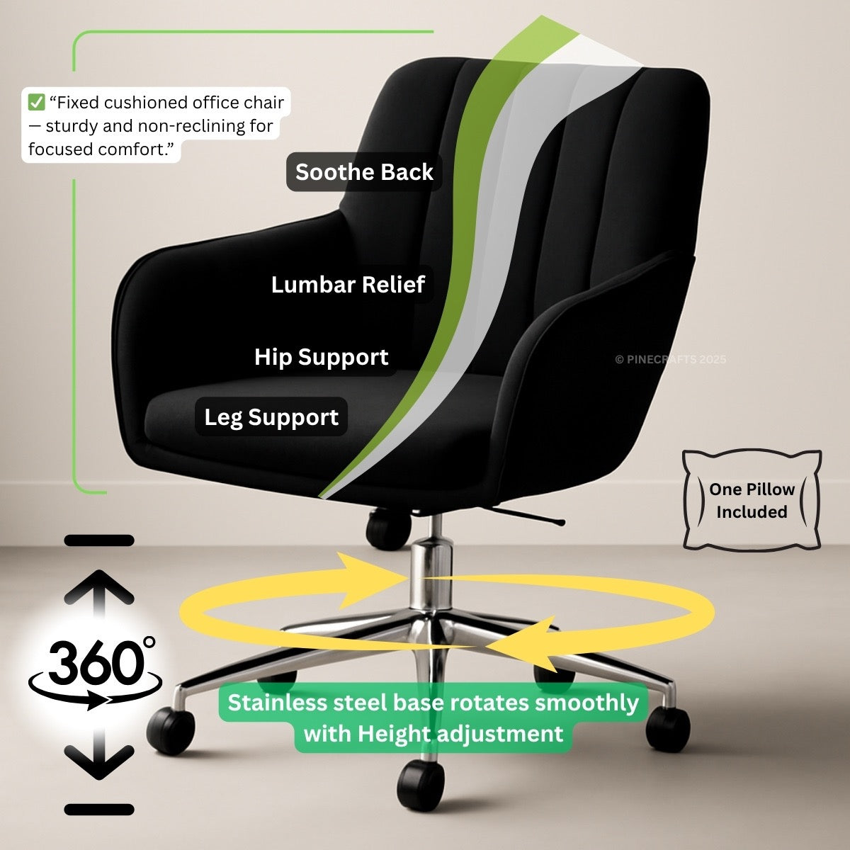 Black office chair with features highlighted on a beige background