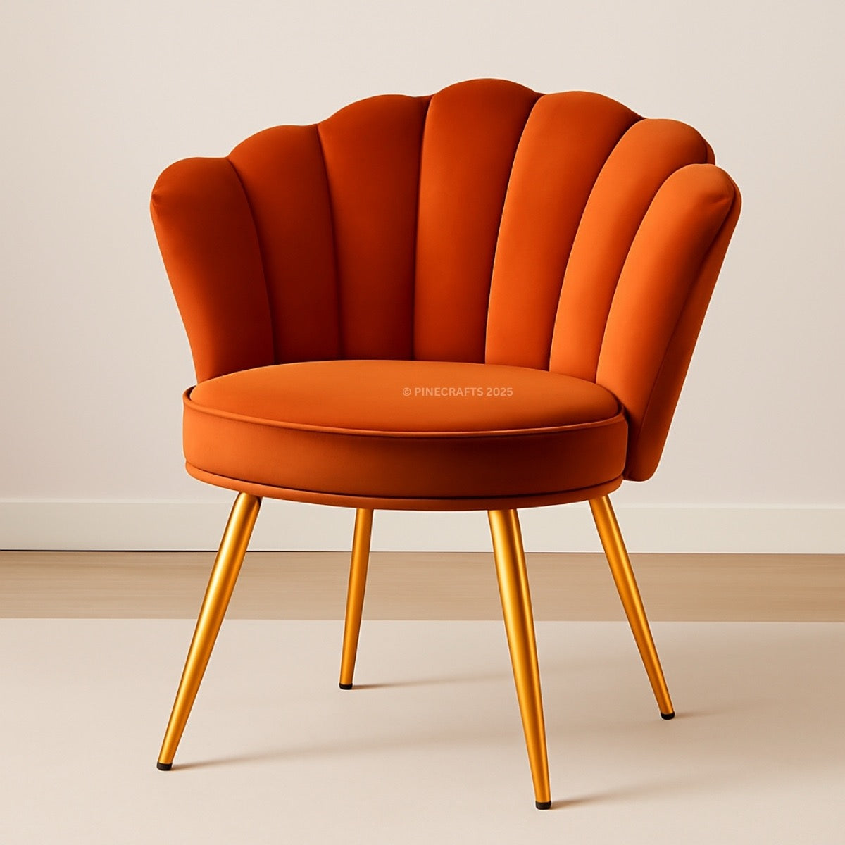 Orange chair with scalloped backrest and gold legs on a beige background