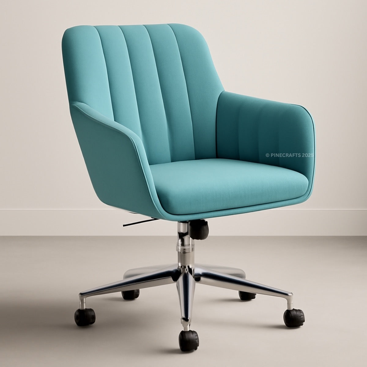 Teal office chair with ribbed backrest on a plain background