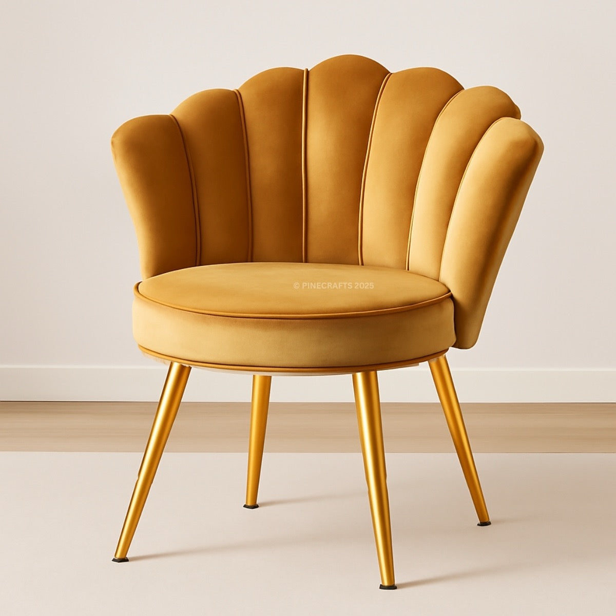 Yellow chair with scalloped backrest on a plain background