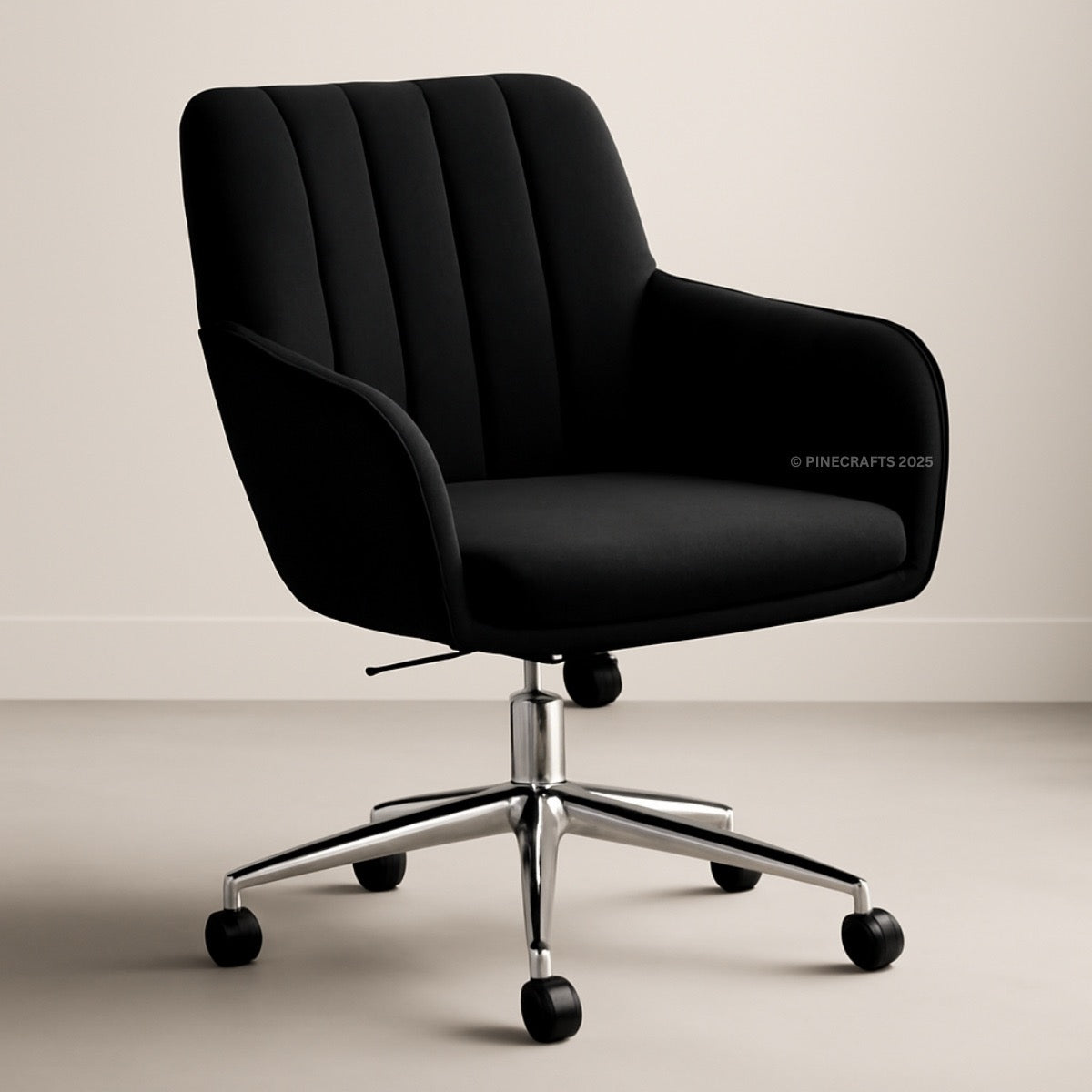 Black office chair with chrome base on a beige background
